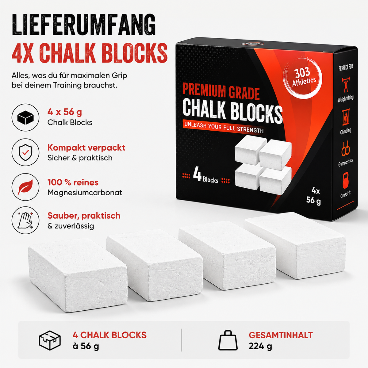 Lieferumfang der 303 Athletics Premium Chalk Blocks mit vier Blöcken