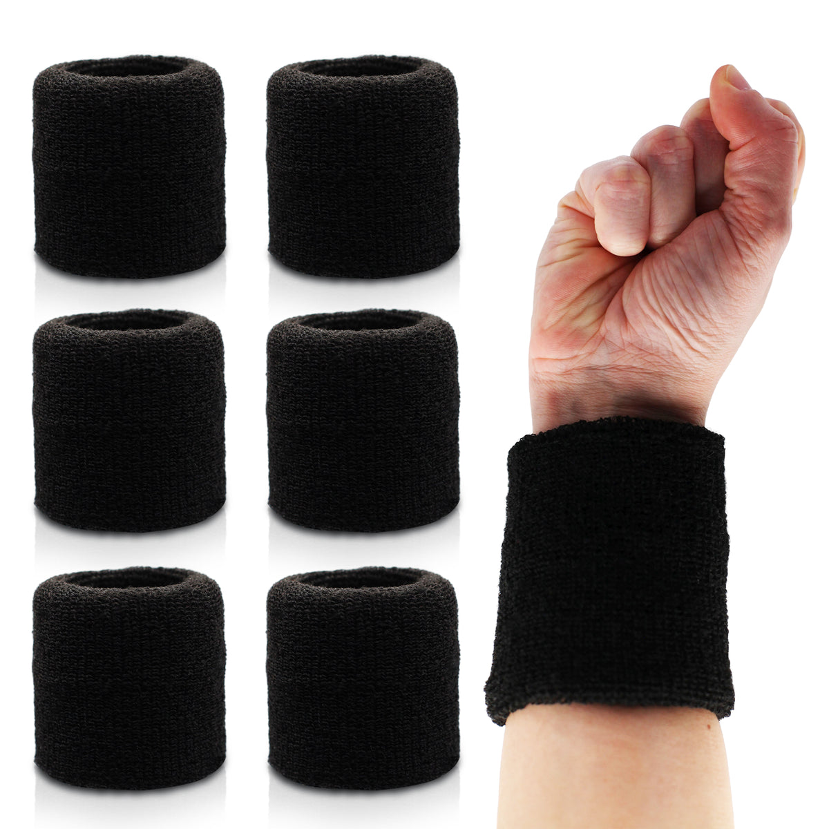 303 Athletics Power Sweatband: sechs schwarze Schweißbänder, eines am Handgelenk getragen