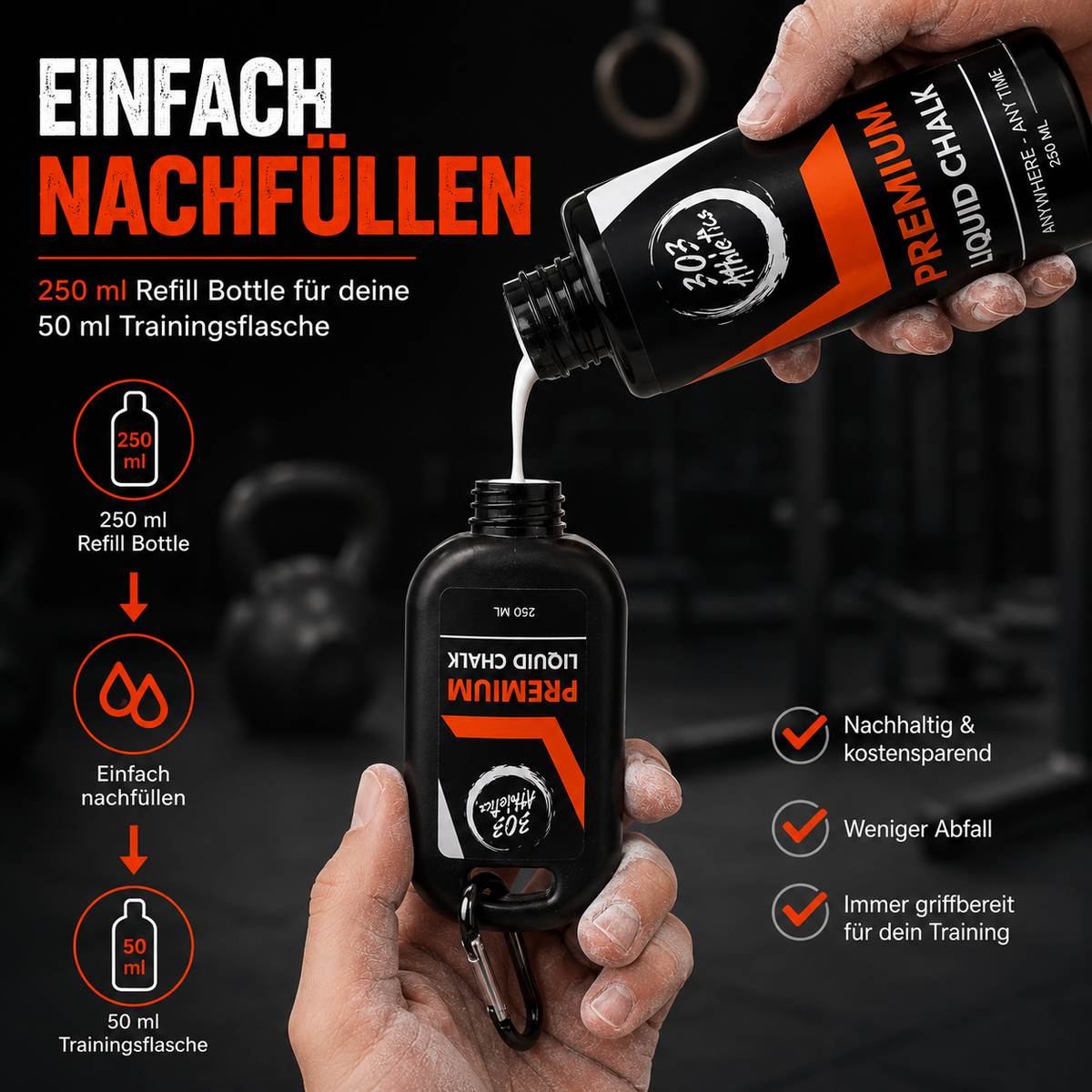 Nachfüllen der 50-ml-Pocket-Bottle mit 303 Athletics Liquid Chalk