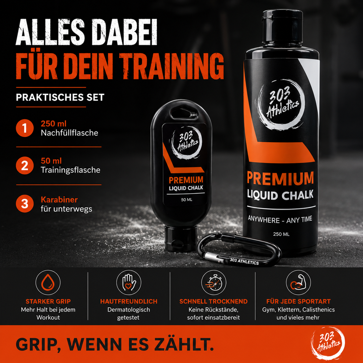 Lieferumfang des 303 Athletics Liquid Chalk Sets mit zwei Flaschengrößen