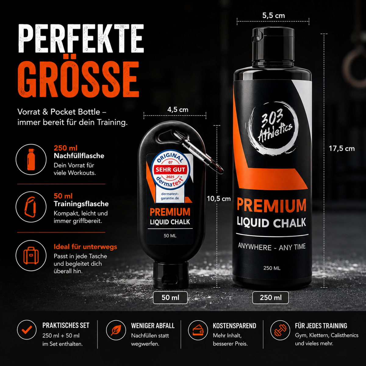 Größenvergleich der 250-ml- und 50-ml-Liquid-Chalk-Flaschen